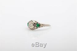 Antique 1920s. 50ct Old Euro VS G Diamond Emerald 18k White Gold Filigree Ring