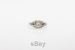 Antique 1920s. 65ct Old Euro Diamond Blue Sapphire 18k White Gold Filigree Ring