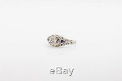 Antique 1920s. 65ct Old Euro Diamond Blue Sapphire 18k White Gold Filigree Ring