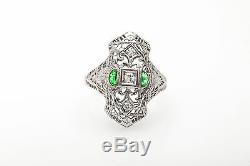Antique 1920s. 75ct Old Euro Diamond MOON Cut Emerald 18k Gold Filigree Ring