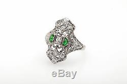 Antique 1920s. 75ct Old Euro Diamond MOON Cut Emerald 18k Gold Filigree Ring