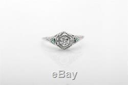 Antique 1920s. 75ct Old Euro VS G Diamond Emerald 18k White Gold Filigree Ring
