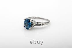 Antique 1940s 3ct Old Cut Natural Blue Sapphire Diamond Platinum Wedding Ring
