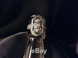 Antique 1ct Old Euro Diamond Emerald 18k White Gold Filigree Ring Size 8