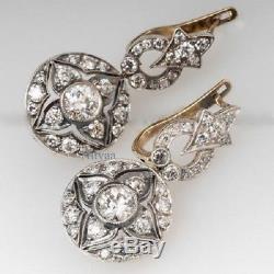 Antique 2 Ct Old Cut Diamond Vintage 14K White Gold Over Art Deco Dangle Earring
