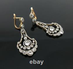 Antique 3.25ct Old Mine Cut Diamond Platinum & 18K Gold Drop Earrings