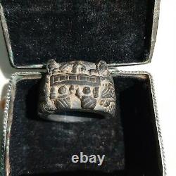 Antique Ancient Old Genuine handmade ring story inlaid Alabaster stone