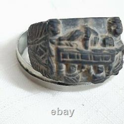 Antique Ancient Old Genuine handmade ring story inlaid Alabaster stone