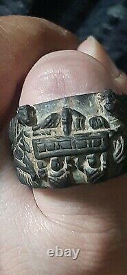 Antique Ancient Old Genuine handmade ring story inlaid Alabaster stone