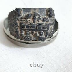 Antique Ancient Old Genuine handmade ring story inlaid Alabaster stone