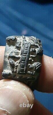 Antique Ancient Old Genuine handmade ring story inlaid Alabaster stone