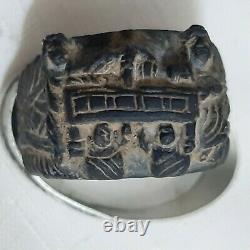 Antique Ancient Old Genuine handmade ring story inlaid Alabaster stone