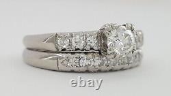 Antique Art Deco 0.62 ct Old European Diamond Palladium Engagement Ring Set