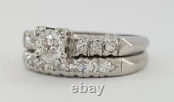 Antique Art Deco 0.62 ct Old European Diamond Palladium Engagement Ring Set