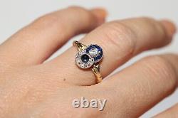 Antique Art Deco 18k Gold Natural Old Cut Diamond And Sapphire Ring