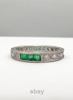 Antique Art Deco Platinum Old Cut Diamond & Emerald Eternity Engraved Band Ring