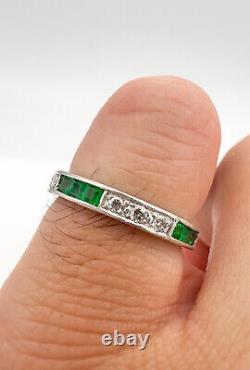 Antique Art Deco Platinum Old Cut Diamond & Emerald Eternity Engraved Band Ring