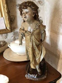 Antique Awakening Girl Sculpture Terracotta Statue Polychrome Mage Rare Old 19th