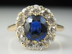Antique Blue Sapphire Old Mine Diamond Ring 14K Yellow Gold Art Deco Vintage