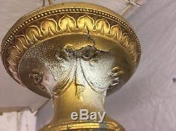 Antique Brass Victorian Pendant Light Old Gold Guild Stenciled Globe Vtg 34-18E