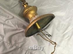 Antique Brass Victorian Pendant Light Old Gold Guild Stenciled Globe Vtg 34-18E