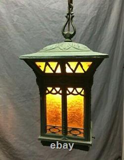 Antique Brass Vintage Hanging Ceiling Light Amber Stained Glass Old 371-21B