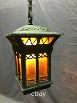Antique Brass Vintage Hanging Ceiling Light Amber Stained Glass Old 371-21B