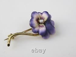 Antique Brooch Pin Old Mine Diamond Enamel Pansy Flower Floral 14K Art Nouveau