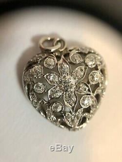 Antique Diamond Heart Pendant with Old European Cut Diamonds Platinum & Gold