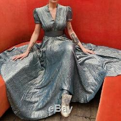 Antique Dress Vintage 1940s Blue Silk Lamé Dress Rare Old Hollywood Fashion