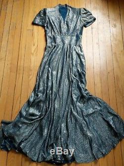 Antique Dress Vintage 1940s Blue Silk Lamé Dress Rare Old Hollywood Fashion