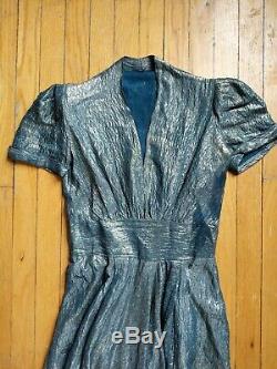 Antique Dress Vintage 1940s Blue Silk Lamé Dress Rare Old Hollywood Fashion