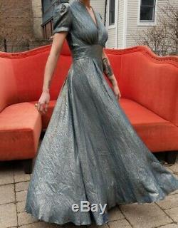 Antique Dress Vintage 1940s Blue Silk Lamé Dress Rare Old Hollywood Fashion