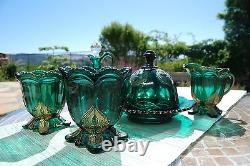 Antique Eapg American Patterned Northwood Old Glass Regent Emerald Green Set