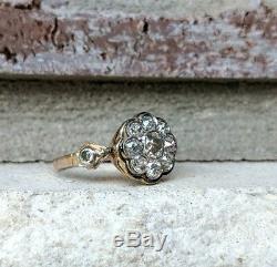 Antique Edwardian Old Mine Cut Diamond Halo Flower Engagement Ring in 14k Gold