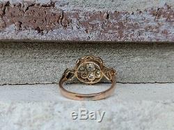 Antique Edwardian Old Mine Cut Diamond Halo Flower Engagement Ring in 14k Gold