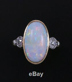 Antique Edwardian Opal Old European cut Diamond Ring 14K Gold Platinum Estate