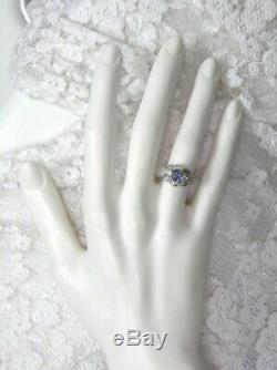 Antique Estate Solid 14kt Wg Genuine Sapphire Old Cut Diamond Deco Filigree Ring