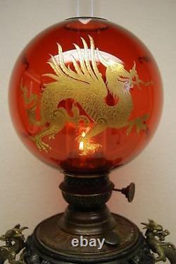 Antique Gilt Dragon Kerosene Oil Chinese Japanese Lamp Cranberry Glass Shade Old