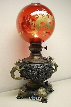 Antique Gilt Dragon Kerosene Oil Chinese Japanese Lamp Cranberry Glass Shade Old