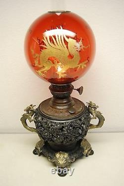 Antique Gilt Dragon Kerosene Oil Chinese Japanese Lamp Cranberry Glass Shade Old