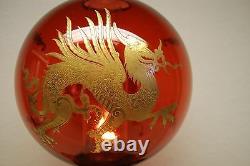 Antique Gilt Dragon Kerosene Oil Chinese Japanese Lamp Cranberry Glass Shade Old