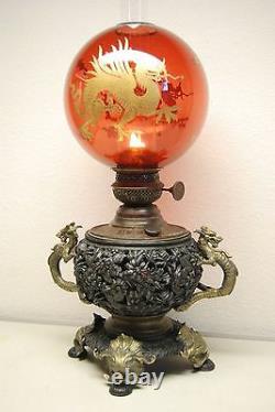 Antique Gilt Dragon Kerosene Oil Chinese Japanese Lamp Cranberry Glass Shade Old