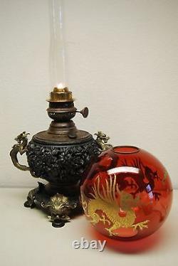 Antique Gilt Dragon Kerosene Oil Chinese Japanese Lamp Cranberry Glass Shade Old