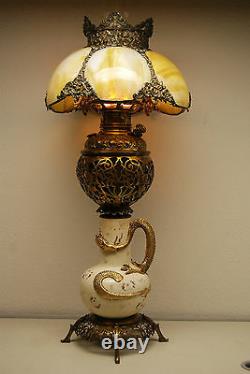 Antique Gwtw Old Victorian Slag Glass Chinese Japanese Dragon Oil Kerosene Lamp