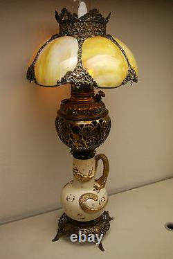 Antique Gwtw Old Victorian Slag Glass Chinese Japanese Dragon Oil Kerosene Lamp