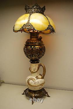 Antique Gwtw Old Victorian Slag Glass Chinese Japanese Dragon Oil Kerosene Lamp