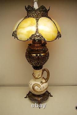 Antique Gwtw Old Victorian Slag Glass Chinese Japanese Dragon Oil Kerosene Lamp