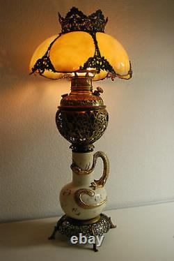 Antique Gwtw Old Victorian Slag Glass Chinese Japanese Dragon Oil Kerosene Lamp