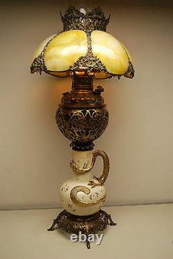 Antique Gwtw Old Victorian Slag Glass Chinese Japanese Dragon Oil Kerosene Lamp